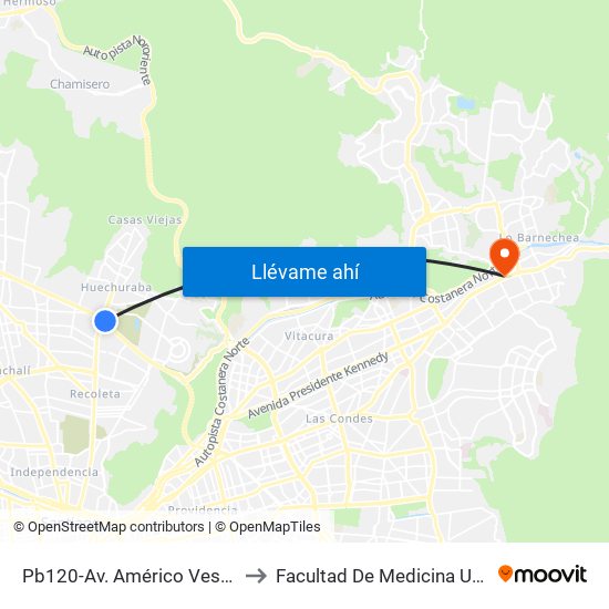 Pb120-Av. Américo Vespucio / Esq. Av. Recoleta to Facultad De Medicina Universidad Del Desarrollo map