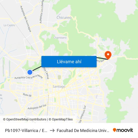 Pb1097-Villarrica / Esq. General Freire to Facultad De Medicina Universidad Del Desarrollo map