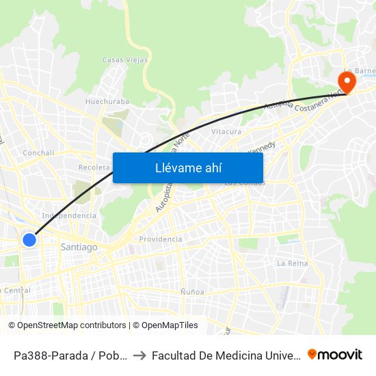 Pa388-Parada / Población Mapocho to Facultad De Medicina Universidad Del Desarrollo map