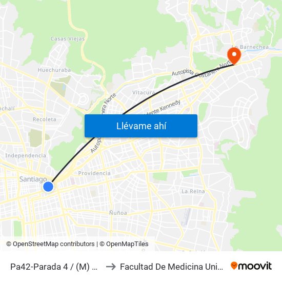 Pa42-Parada 4 / (M) Universidad Católica to Facultad De Medicina Universidad Del Desarrollo map