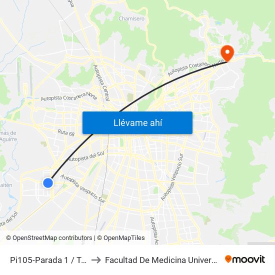 Pi105-Parada 1 / Templo Votivo to Facultad De Medicina Universidad Del Desarrollo map
