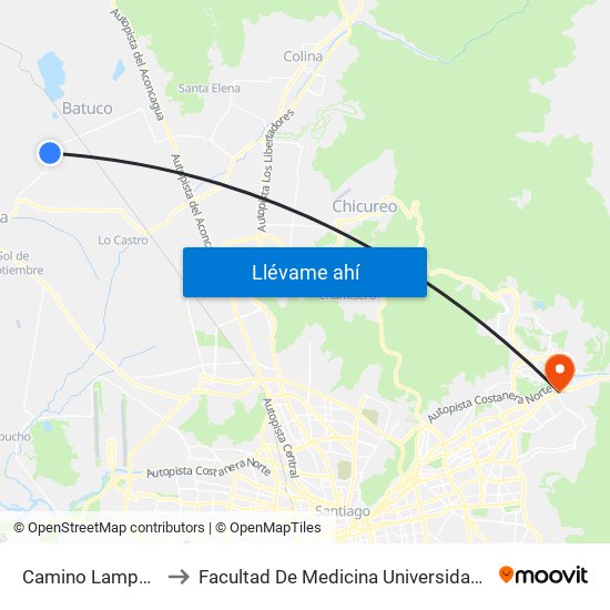 Camino Lampa Batuco to Facultad De Medicina Universidad Del Desarrollo map