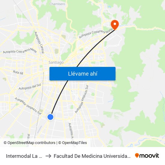 Intermodal La Cisterna to Facultad De Medicina Universidad Del Desarrollo map