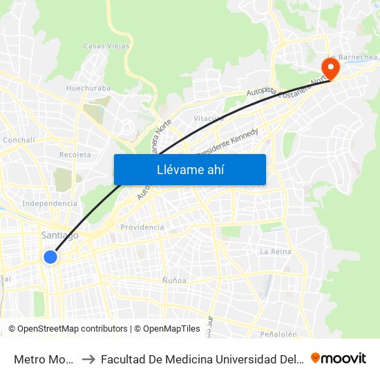 Metro Moneda to Facultad De Medicina Universidad Del Desarrollo map