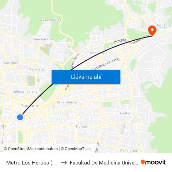 Metro Los Héroes (Plazoleta Central) to Facultad De Medicina Universidad Del Desarrollo map