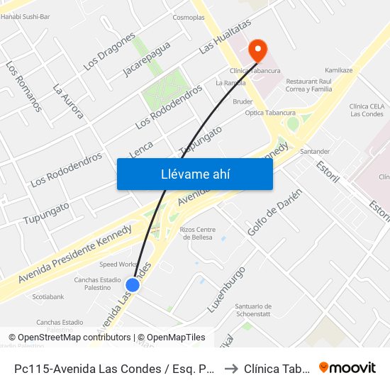 Pc115-Avenida Las Condes / Esq. Psje. Las Condes to Clínica Tabancura map
