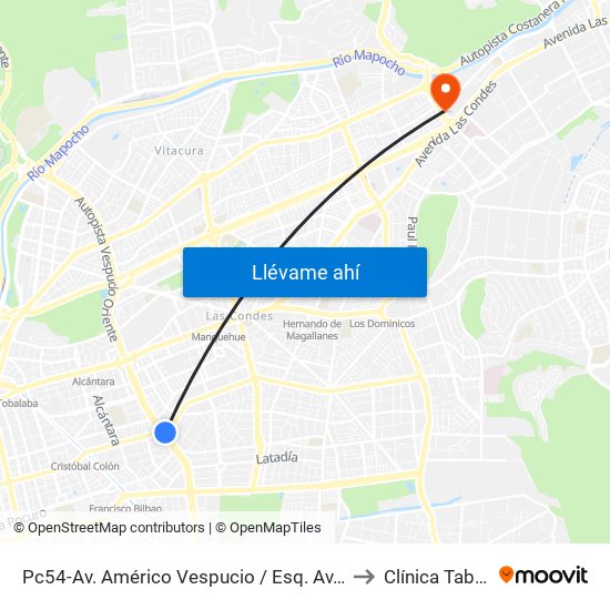 Pc54-Av. Américo Vespucio / Esq. Av. Cristóbal Colón to Clínica Tabancura map