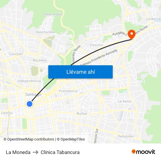 La Moneda to Clínica Tabancura map