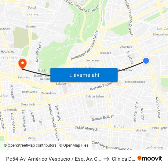 Pc54-Av. Américo Vespucio / Esq. Av. Cristóbal Colón to Clínica Dávila map