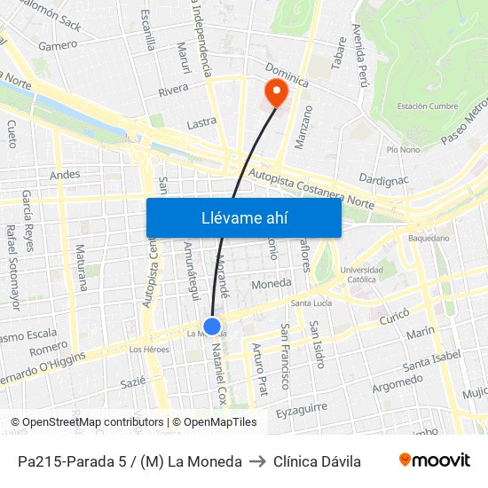 Pa215-Parada 5 / (M) La Moneda to Clínica Dávila map