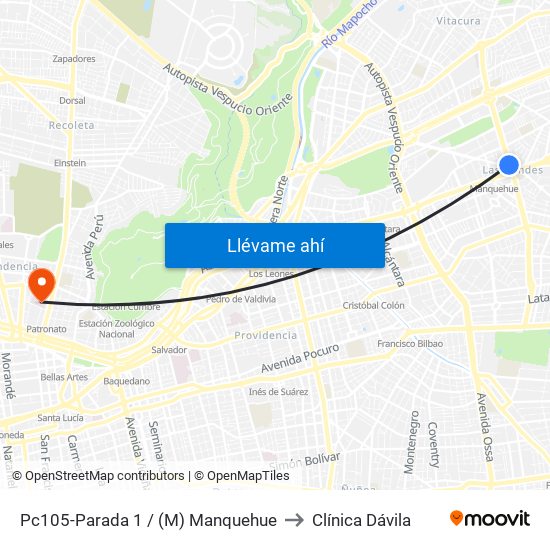 Pc105-Parada 1 / (M) Manquehue to Clínica Dávila map