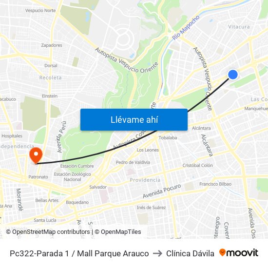 Pc322-Parada 1 / Mall Parque Arauco to Clínica Dávila map