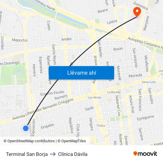 Terminal San Borja to Clínica Dávila map