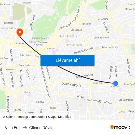 Villa Frei to Clínica Dávila map