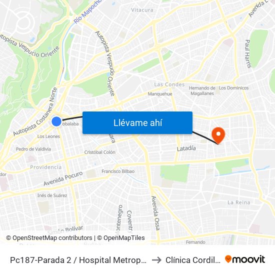 Pc187-Parada 2 / Hospital Metropolitano to Clínica Cordillera map