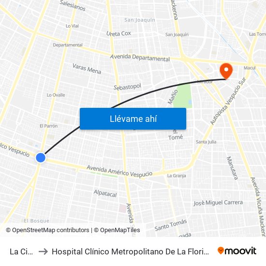 La Cisterna to Hospital Clínico Metropolitano De La Florida Doctora Eloísa Díaz Insunza map