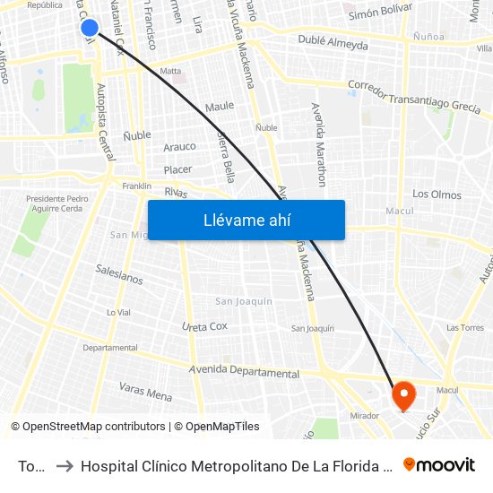 Toesca to Hospital Clínico Metropolitano De La Florida Doctora Eloísa Díaz Insunza map