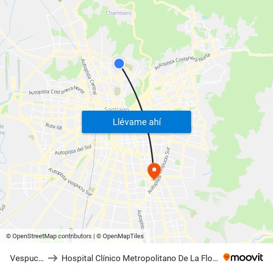 Vespucio Norte to Hospital Clínico Metropolitano De La Florida Doctora Eloísa Díaz Insunza map