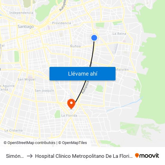 Simón Bolivar to Hospital Clínico Metropolitano De La Florida Doctora Eloísa Díaz Insunza map