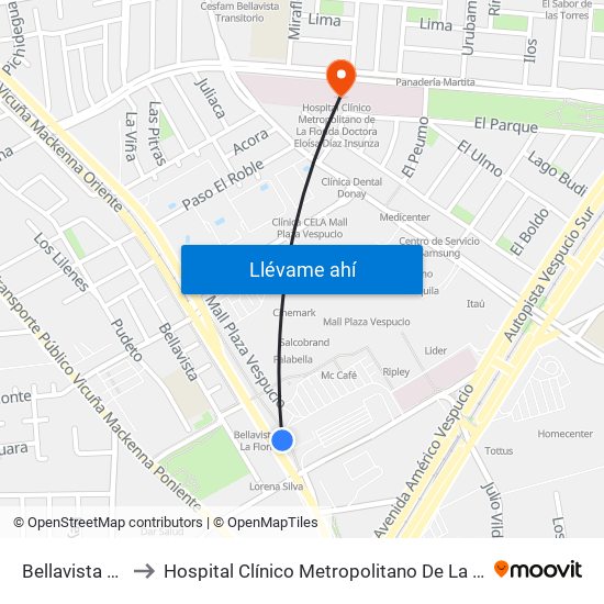 Bellavista De La Florida to Hospital Clínico Metropolitano De La Florida Doctora Eloísa Díaz Insunza map