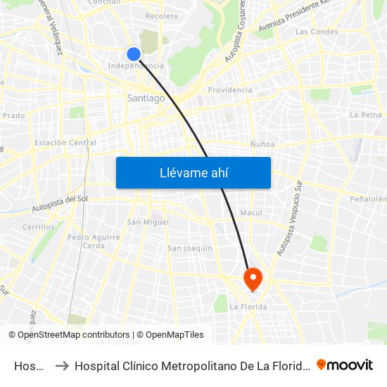 Hospitales to Hospital Clínico Metropolitano De La Florida Doctora Eloísa Díaz Insunza map