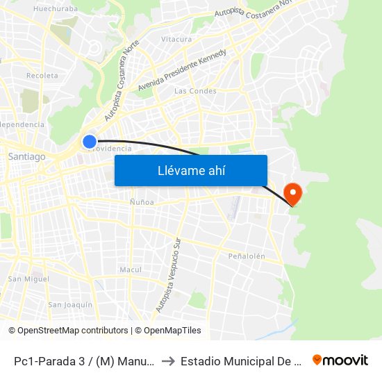 Pc1-Parada 3 / (M) Manuel Montt to Estadio Municipal De La Reina map