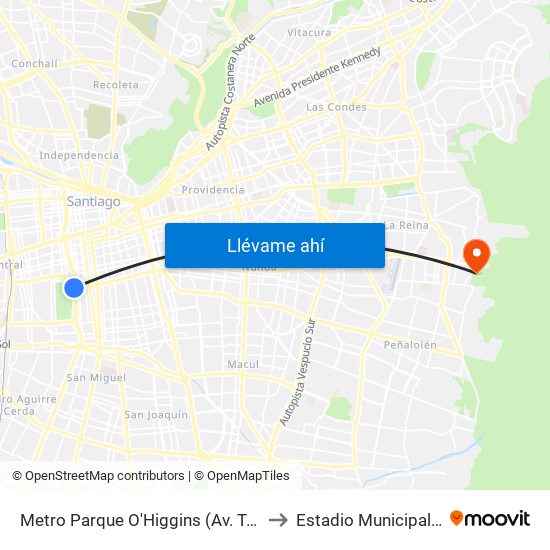 Metro Parque O'Higgins (Av. Tupper Esq. Av. Viel) to Estadio Municipal De La Reina map