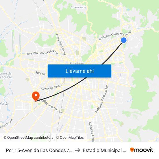 Pc115-Avenida Las Condes / Esq. Psje. Las Condes to Estadio Municipal Santiago Bueras map