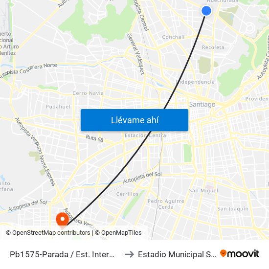 Pb1575-Parada / Est. Intermodal Vespucio Norte to Estadio Municipal Santiago Bueras map