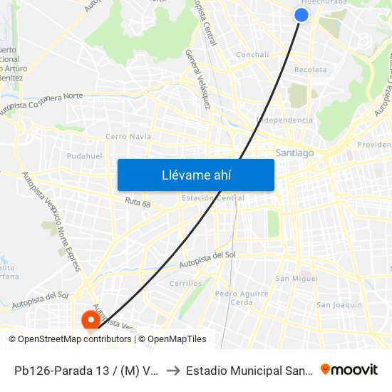 Pb126-Parada 13 / (M) Vespucio Norte to Estadio Municipal Santiago Bueras map