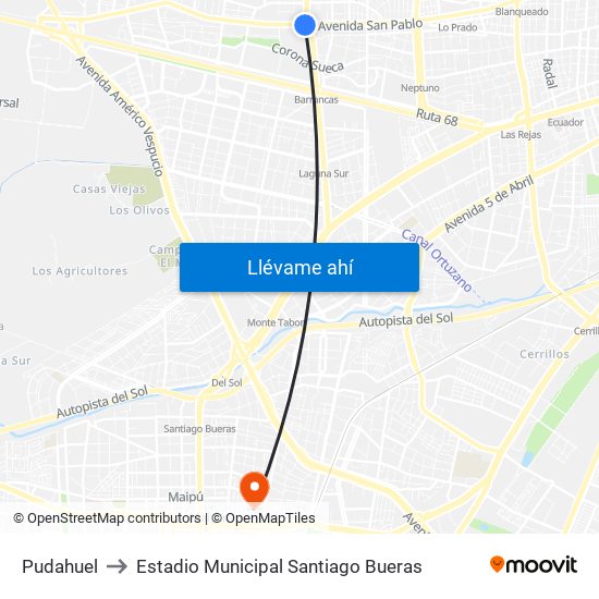 Pudahuel to Estadio Municipal Santiago Bueras map