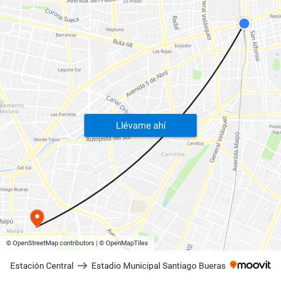 Estación Central to Estadio Municipal Santiago Bueras map