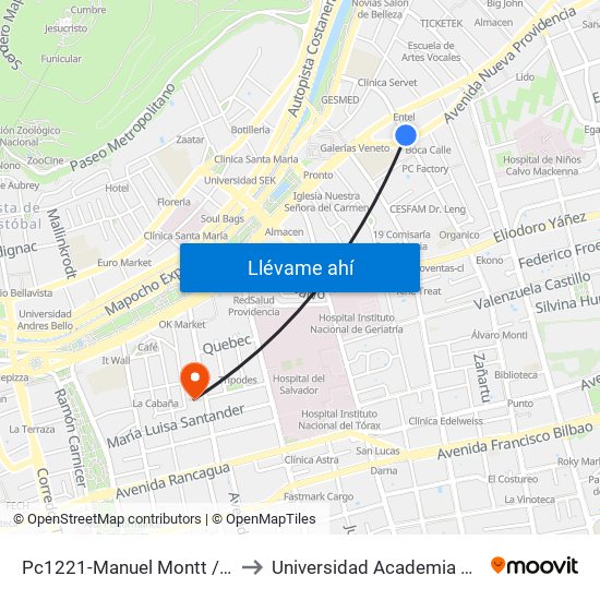 Pc1221-Manuel Montt / Esq. Nueva Providencia to Universidad Academia De Humanismo Cristiano map