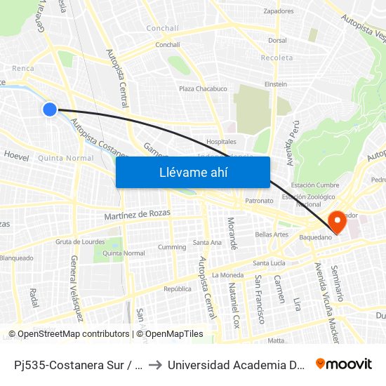 Pj535-Costanera Sur / Esq. Gonzalo Bulnes to Universidad Academia De Humanismo Cristiano map