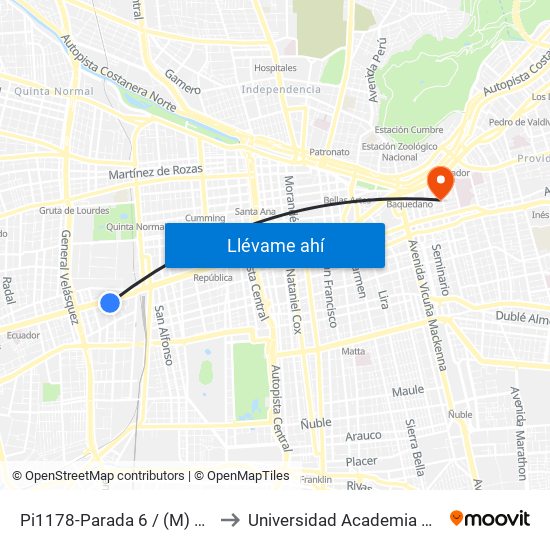 Pi1178-Parada 6 / (M) Universidad De Santiago to Universidad Academia De Humanismo Cristiano map