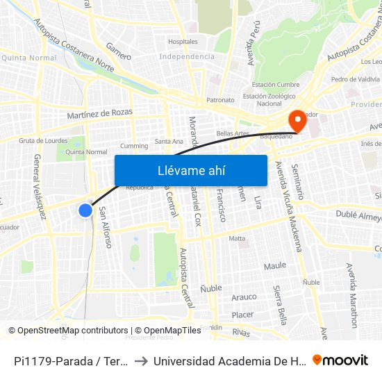 Pi1179-Parada / Terminal San Borja to Universidad Academia De Humanismo Cristiano map