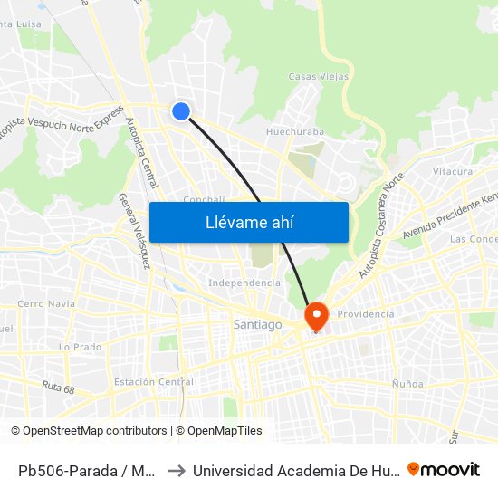 Pb506-Parada / Mall Plaza Norte to Universidad Academia De Humanismo Cristiano map