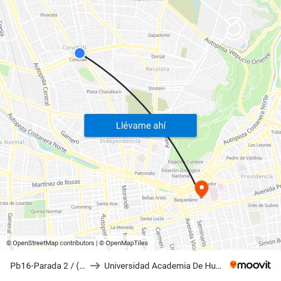 Pb16-Parada 2 / (M) Conchalí to Universidad Academia De Humanismo Cristiano map