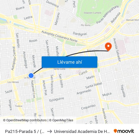 Pa215-Parada 5 / (M) La Moneda to Universidad Academia De Humanismo Cristiano map