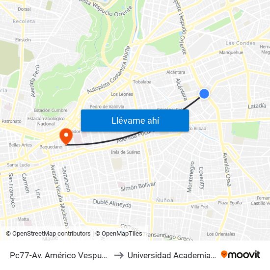 Pc77-Av. Américo Vespucio / Esq. Av. Cristóbal Colón to Universidad Academia De Humanismo Cristiano map