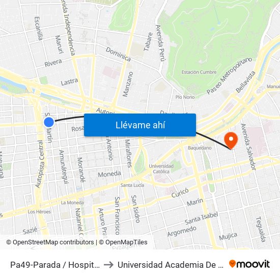 Pa49-Parada / Hospital Traumatológico to Universidad Academia De Humanismo Cristiano map