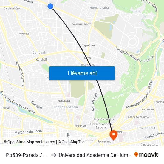 Pb509-Parada / Movicenter to Universidad Academia De Humanismo Cristiano map