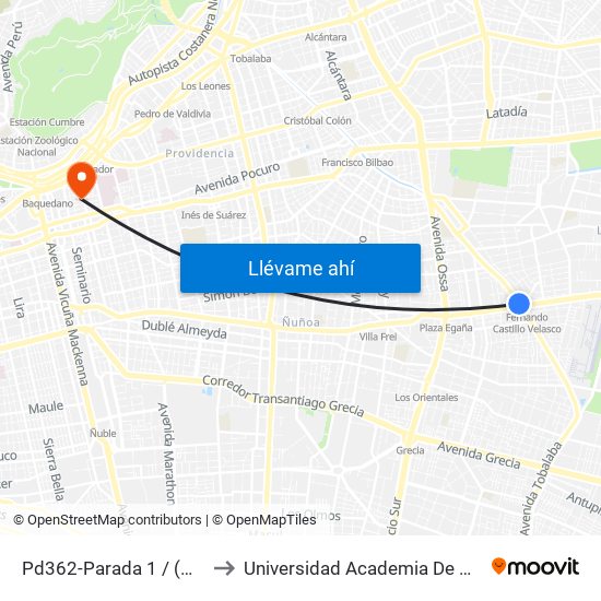 Pd362-Parada 1 / (M) Fdo.Castillo V. to Universidad Academia De Humanismo Cristiano map