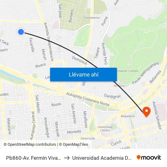 Pb860-Av. Fermín Vivaceta / Esq. El Molino to Universidad Academia De Humanismo Cristiano map