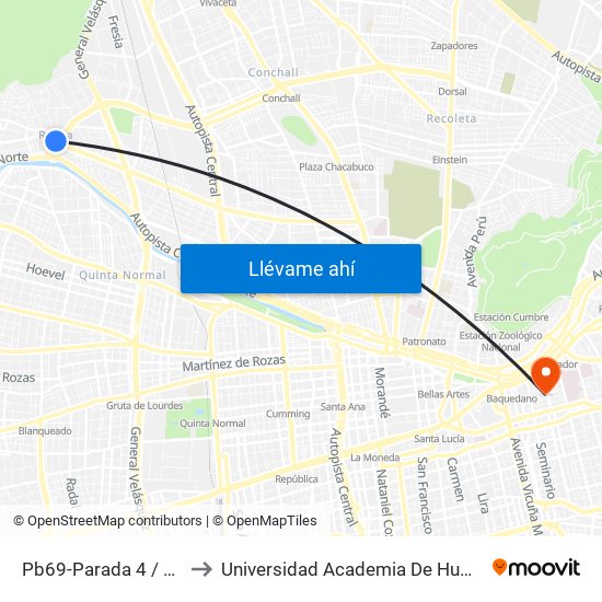 Pb69-Parada 4 / Plaza Renca to Universidad Academia De Humanismo Cristiano map