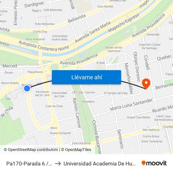 Pa170-Parada 6 / Plaza Italia to Universidad Academia De Humanismo Cristiano map