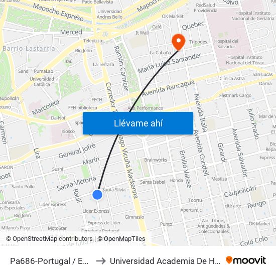 Pa686-Portugal / Esq. Santa Isabel to Universidad Academia De Humanismo Cristiano map