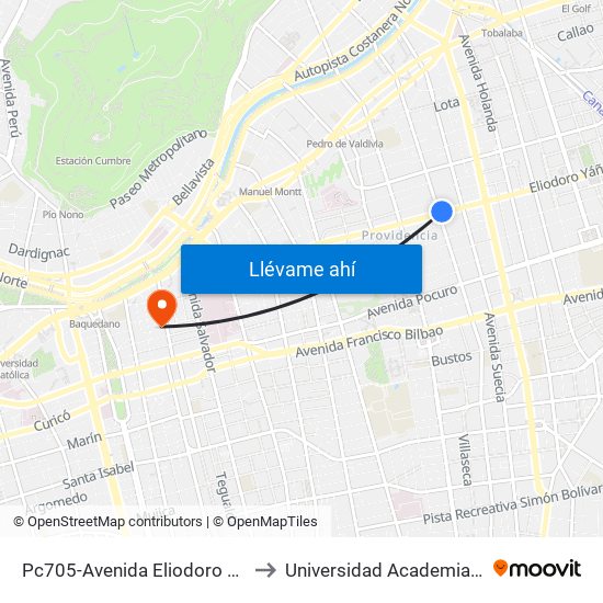 Pc705-Avenida Eliodoro Yáñez / Esq. Av. Ricardo Lyon to Universidad Academia De Humanismo Cristiano map