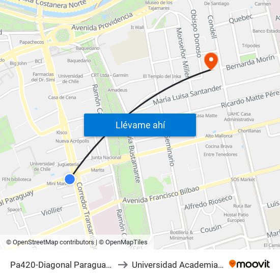 Pa420-Diagonal Paraguay / Esq. Av.Vicuña Mackenna to Universidad Academia De Humanismo Cristiano map