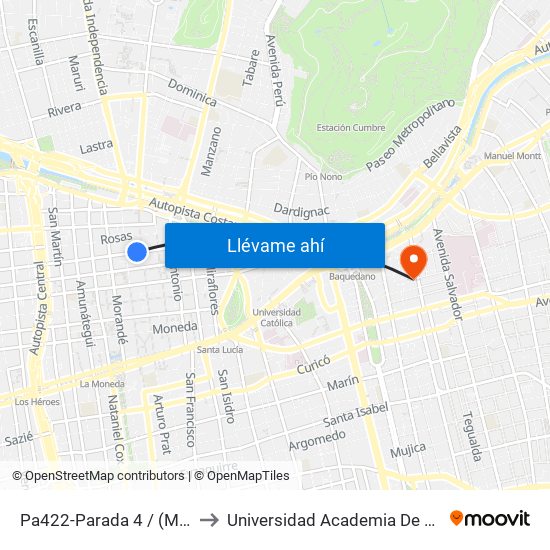 Pa422-Parada 4 / (M) Plaza De Armas to Universidad Academia De Humanismo Cristiano map
